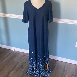 J.Jill Pure Jill Dress Maxi Blue Border Print Short Sleeve short dress Sz S tall